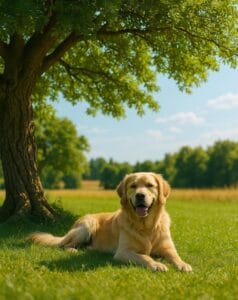 Cane Golden Retriever felice riposa sull'erba verde all'ombra di un grande albero.
