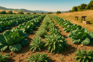 Cavoli e salvia in un orto biologico.