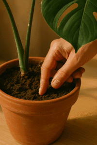 Mano che testa l'umidità del terriccio di una Monstera prima di annaffiare, con la pianta in primo piano.