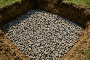 Uno strato di ghiaia grossa sul fondo di uno scavo, pronto per ricevere il substrato del giardino roccioso, evidenziando l'importanza del drenaggio.