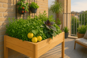Giardino pensile su balcone urbano con orto rialzato in legno, ortaggi estivi freschi e piante aromatiche, simbolo di sostenibilità e benessere.