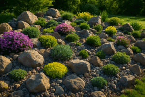 giardino roccioso già ben consolidato e fiorito, con una buona varietà di rocce di diverse dimensioni e piante che si integrano armoniosamente.
