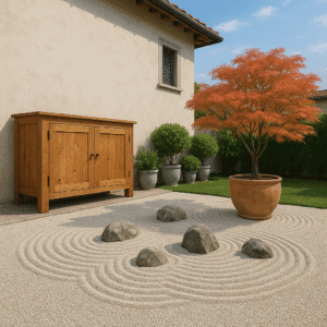 Piccolo giardino zen con ghiaia rastrellata, rocce e una pianta di acero giapponese in vaso, in una villa di Forte dei Marmi.