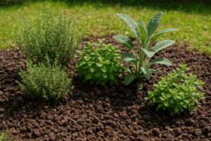 Aiuola di erbe aromatiche con timo, origano, salvia e maggiorana in un giardino soleggiato.