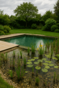 Bio-piscina con area di balneazione e zona di rigenerazione con piante acquatiche.