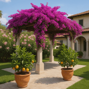 Pergola coperta di bougainvillea fiorita e oleandri in un giardino di villa a Forte dei Marmi, con vasi di agrumi in primo piano.