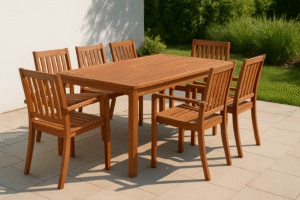 Set da pranzo per esterni in legno di eucalipto certificato, con tavolo e sedie di design moderno su un patio luminoso.