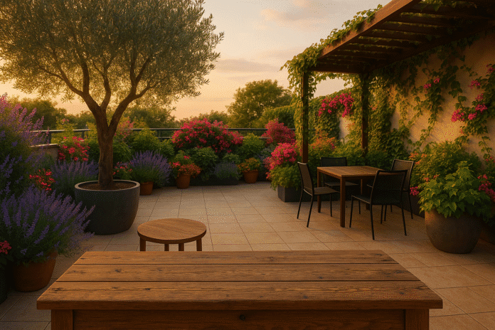 terrazza lussureggiante 2 Balcone o terrazza lussureggiante, piena di colori e di verde, perfetta per un po' di relax al tramonto