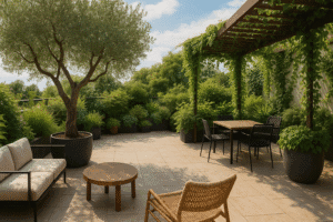 Ampia terrazza arredata con grandi vasi, piante mediterranee e area relax accogliente