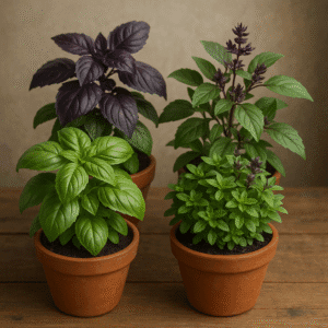 Varietà di basilico: Genovese, Rosso, Greco e Thai in vasi diversi