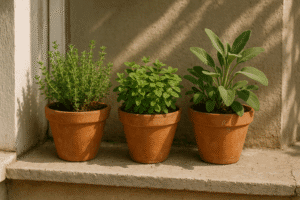 Vasi di terracotta con erbe aromatiche: timo, origano e salvia su un davanzale soleggiato.