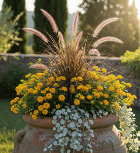 Composizione estiva in vaso con la regola Thriller, Filler, Spiller per un effetto dinamico.