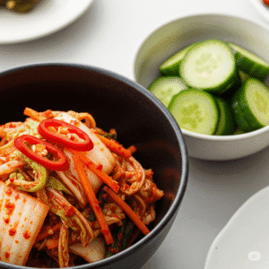 Esempi di conserve dal mondo: kimchi coreano piccante e sottaceti giapponesi tsukemono.