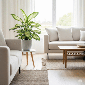 Dieffenbachia posizionata come elemento decorativo in un moderno salotto con arredi chiari.