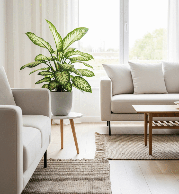 Dieffenbachia design Dieffenbachia posizionata come elemento decorativo in un moderno salotto con arredi chiari.