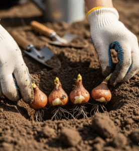 Giardiniere che posiziona tuberi di dalia nel terreno alla distanza giusta per essere piantati