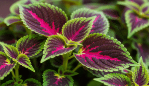 Primo piano di foglie di Coleus vivaci con sfumature di viola intenso, rosa fucsia e verde lime, mostrando la loro texture vellutata e i bordi seghettati.