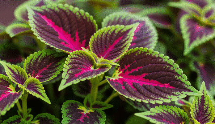Coleus variegato viola rosa e verde Primo piano di foglie di Coleus vivaci con sfumature di viola intenso, rosa fucsia e verde lime, mostrando la loro texture vellutata e i bordi seghettati.