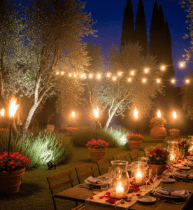 Giardino di notte con illuminazione scenografica creata da catenarie di luci calde, faretti e torce con il fuoco