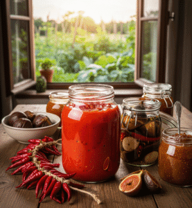 Conserve fatte in casa disposte su un tavolo di legno rustico con orto sullo sfondo al tramonto