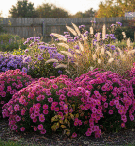 Aiuola autunnale con Astri Settembrini rosa e viola e graminacee ornamentali.