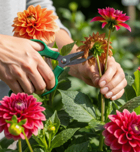 Giardiniere che pota i fiori sfioriti delle dalie