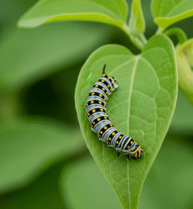 Larva farfalla Zerynthia polyxena su foglia Aristolochia clematitis