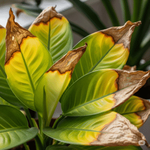 Foglie di Dieffenbachia con ingiallimenti e punte marroni, sintomi di eccesso d'acqua o aria secca.