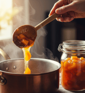 Preparazione di ricette marmellate fatte in casa, con la confettura che cuoce in una pentola di rame.