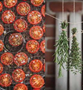 Processo di essiccazione di pomodorini e erbe aromatiche per la conservazione invernale.