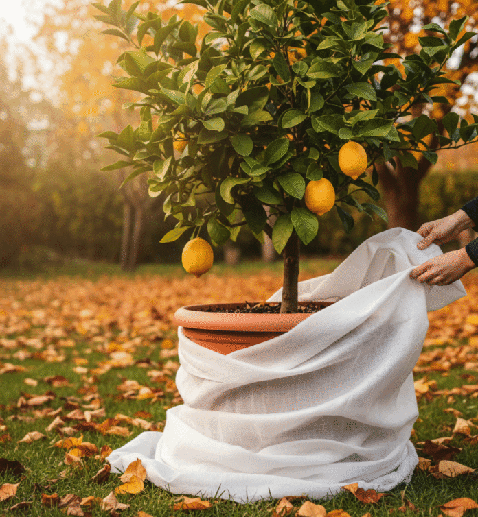 Pianta-limone-protezione-tessuto-non-tessuto Come svernare le piante in vaso: Persona che avvolge una pianta di limoni in vaso con un telo protettivo per prepararla allo svernamento invernale.