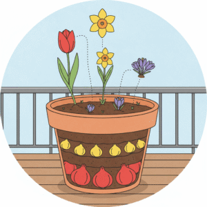 Vaso con strati di bulbi per il metodo "lasagna", con tulipani, narcisi e crochi.