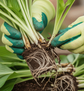 Mani che dividono delicatamente un cespo di pianta perenne con radici fibrose.