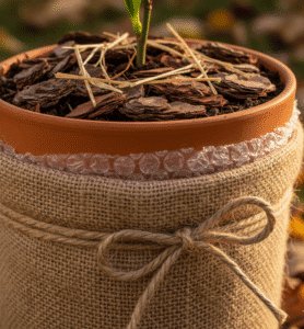 Primo piano di un vaso con pacciamatura e copertura isolante in iuta per proteggere le radici della pianta dal gelo.
