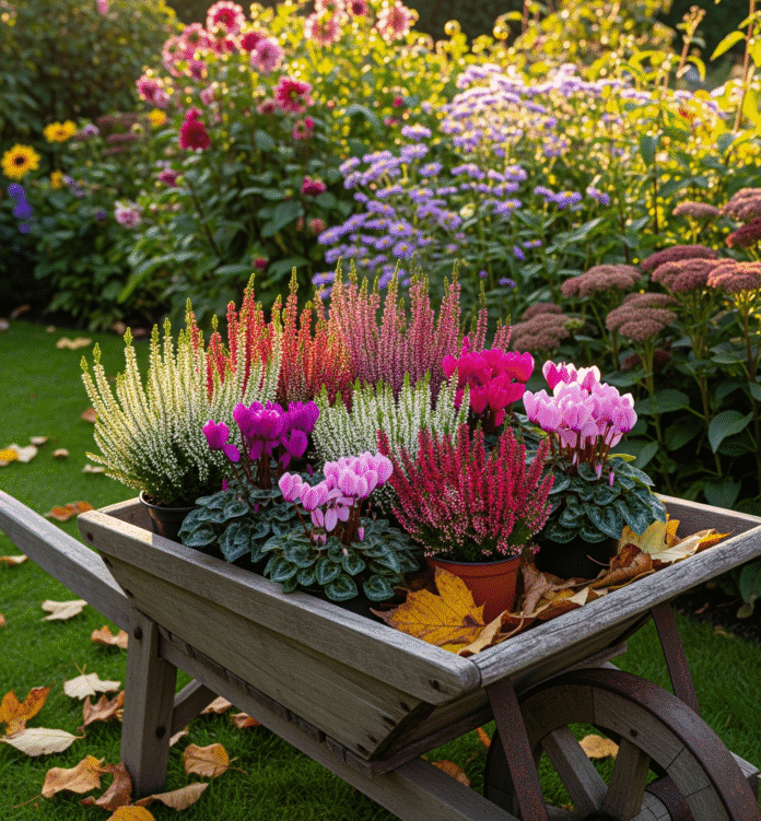 lavori-giardino-settembre-piante-autunnali Carriola da giardino in legno con piante autunnali come ciclamini ed eriche, pronta per la messa a dimora in un giardino di fine estate. I lavori in giardino a Settembre!