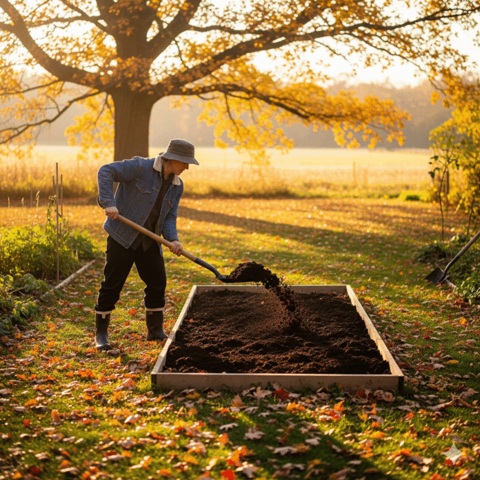 preparare-terreno-autunno-compost Giardiniere che sparge compost su un'aiuola vuota in un giardino autunnale per preparare il terreno.