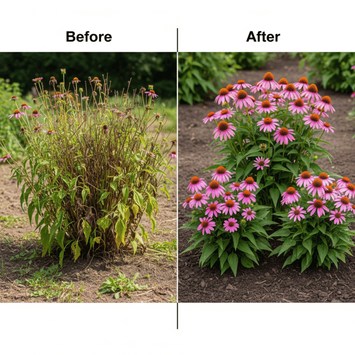 prima-dopo-divisione-piante-perenni Prima e dopo la divisione: un cespo di pianta perenne sovraffollato e una pianta ringiovanita e rinvigorita.