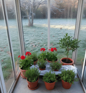 Piante in vaso di vario tipo raggruppate al riparo in una serra fredda per superare il gelo dell'inverno.