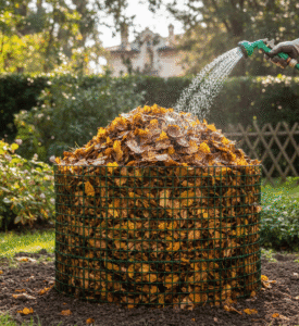 Cumulo di foglie secche in un contenitore di rete per compostaggio.