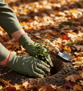 Giardiniere durante la messa a dimora di un arbusto in autunno.