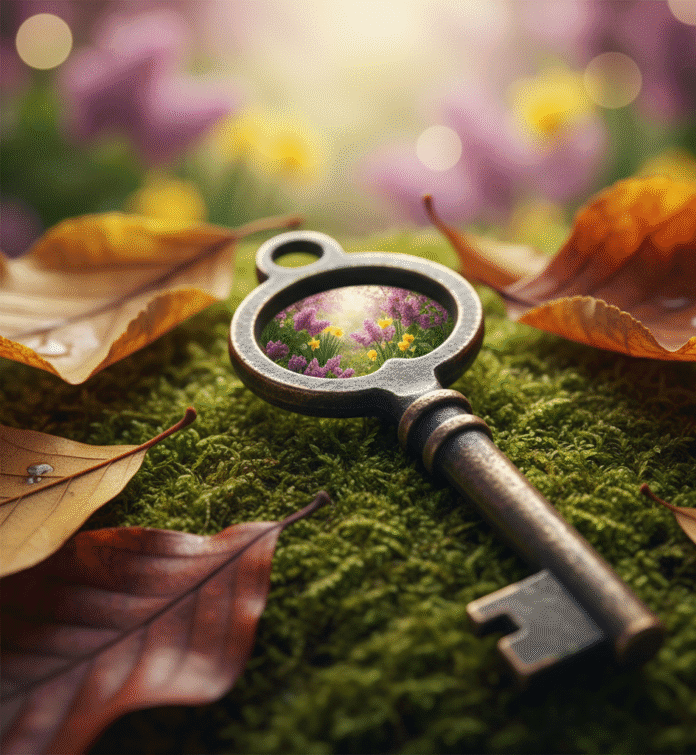 piantare-in-autunno-segreto Una chiave antica appoggiata su foglie e muschio autunnali simboleggia come piantare in autunno sia il segreto per sbloccare la vista di un rigoglioso giardino primaverile.
