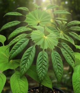 Primo piano della Brassaiopsis mitis in vaso, con foglie palmate a fiocco di neve e fusto spinoso.
