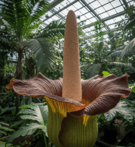 Amorphophallus titanum in piena fioritura, Aro Titano Gigante, Fiore Cadavere nella serra tropicale.