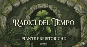 radici-del-tempo-piante-preistoriche-fioritura-continua (1) Illustrazione artistica della rubrica Radici del Tempo con piante preistoriche come Ginkgo, Equiseto e Cycas su sfondo verde scuro con sagome di dinosauri.