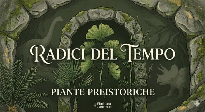 radici-del-tempo-piante-preistoriche-fioritura-continua (1) Illustrazione artistica della rubrica Radici del Tempo con piante preistoriche come Ginkgo, Equiseto e Cycas su sfondo verde scuro con sagome di dinosauri.